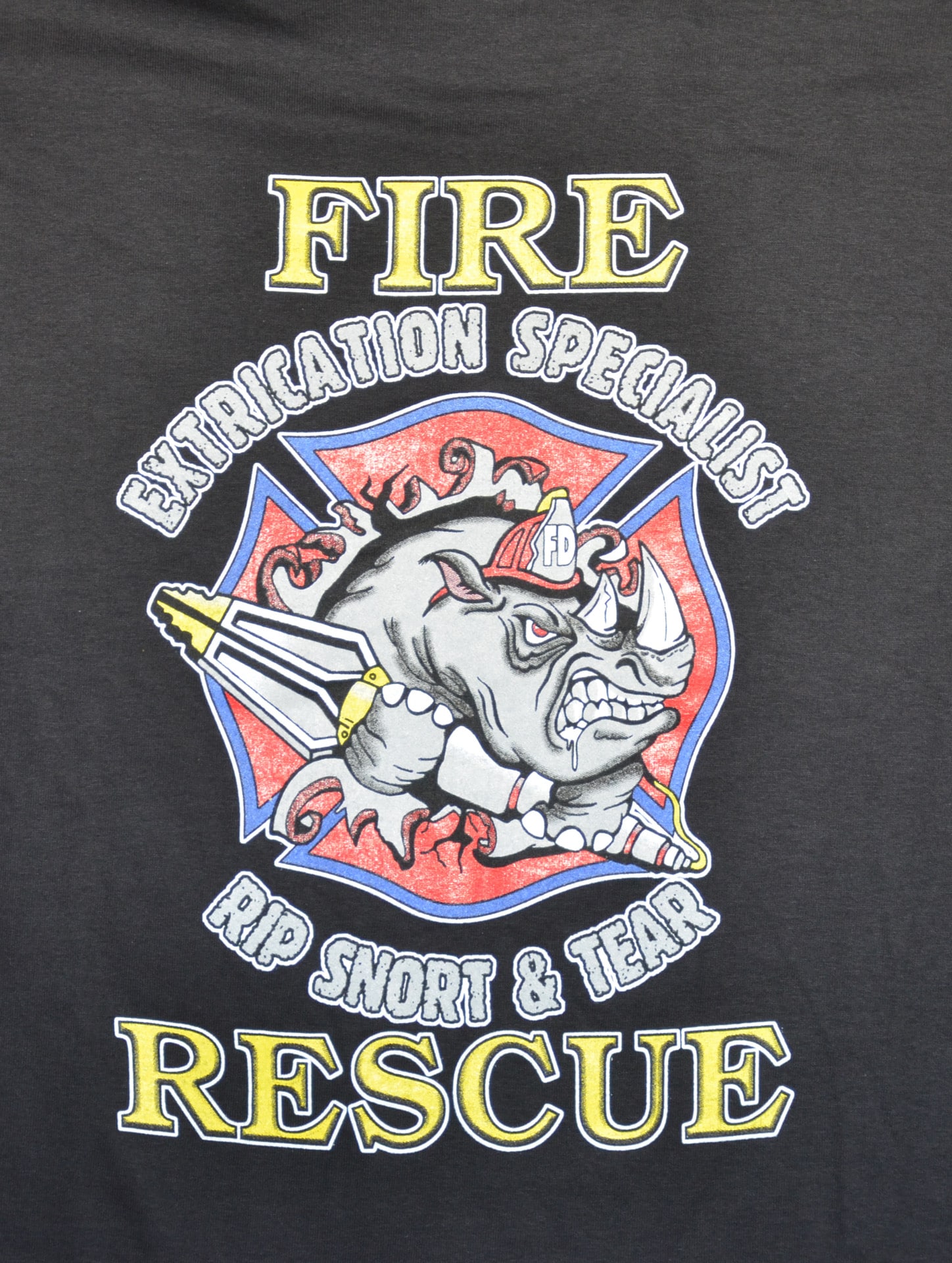 Fire rescue t-shirt featuring a bold graphic design, showcasing a firefighter emblem and vibrant colors.