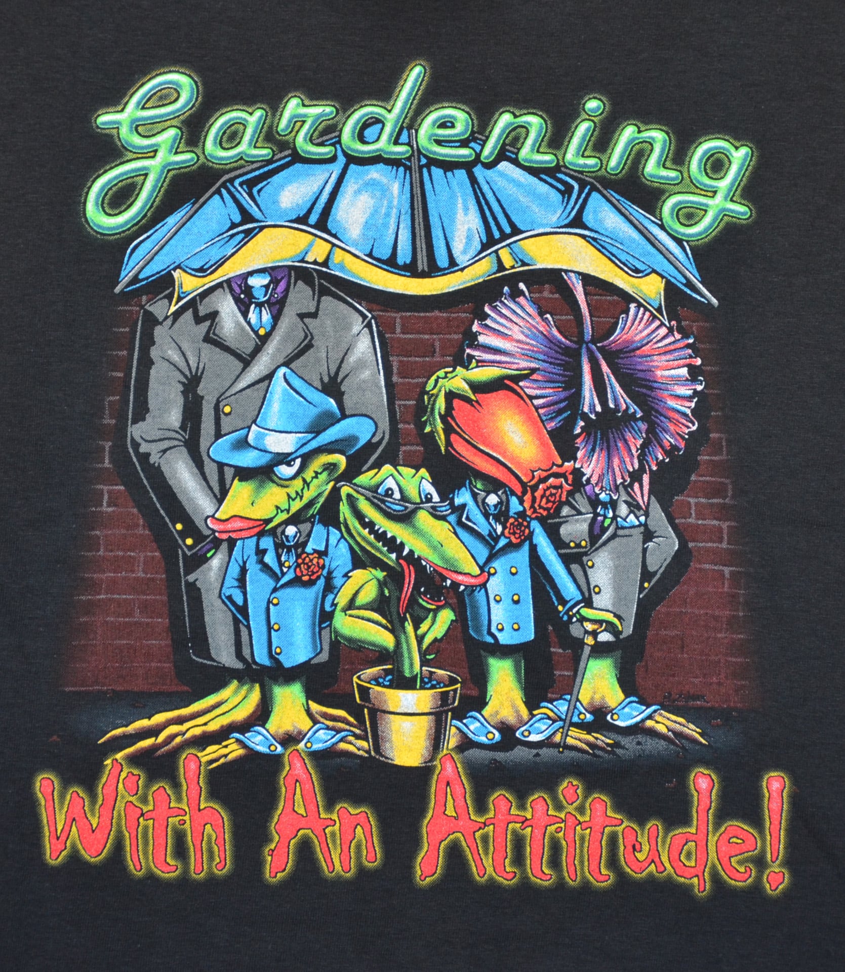 A t-shirt featuring a graphic of a man standing with two birds beside him.
