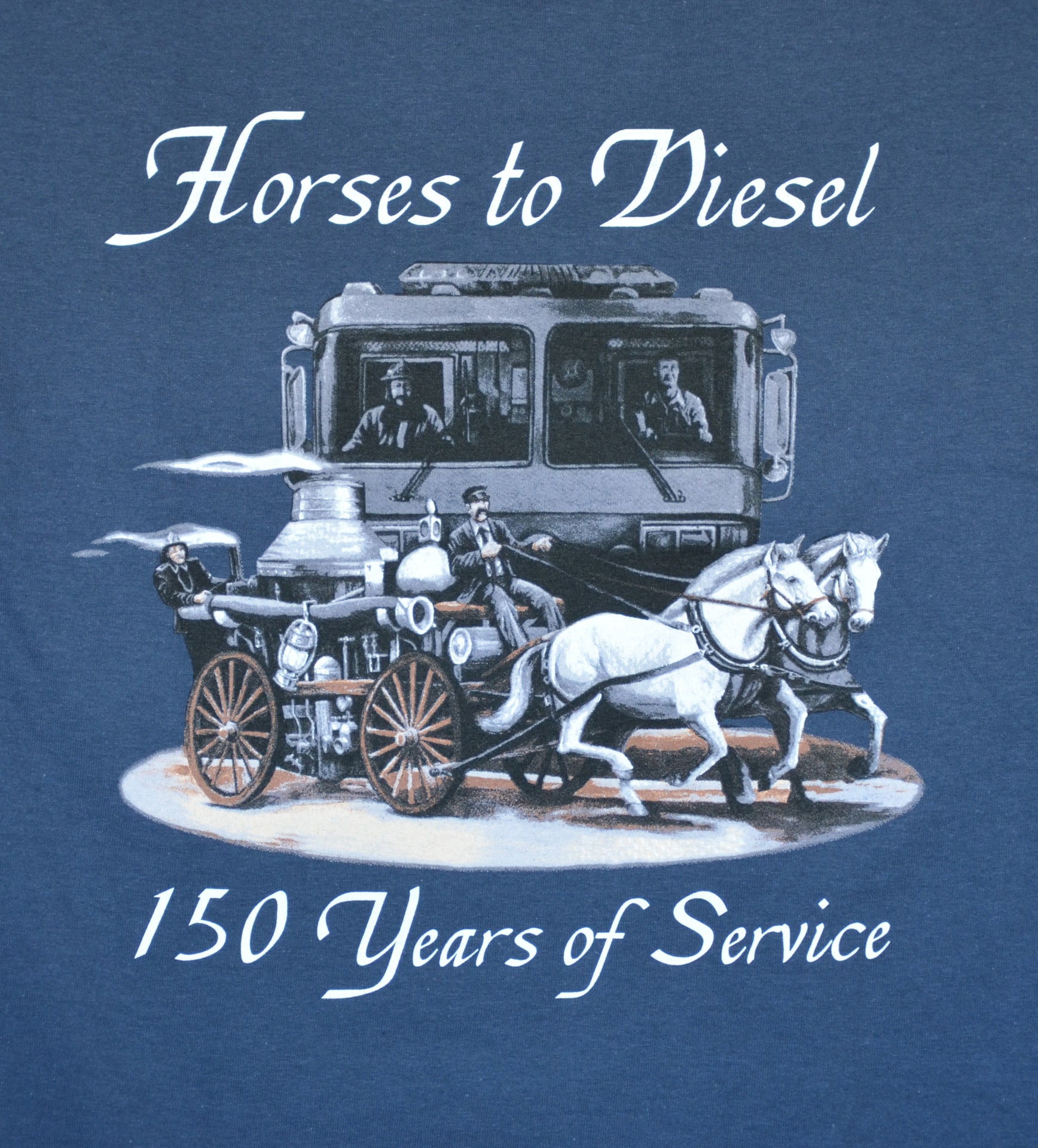 T-shirt featuring the phrase "Horses to Diesel: 150 Years of Service" with a graphic of a horse and a diesel engine.