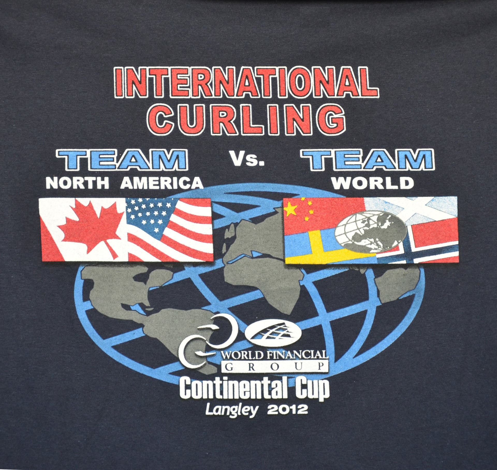A t-shirt displaying the text "International Curling Team vs North America" in bold letters.