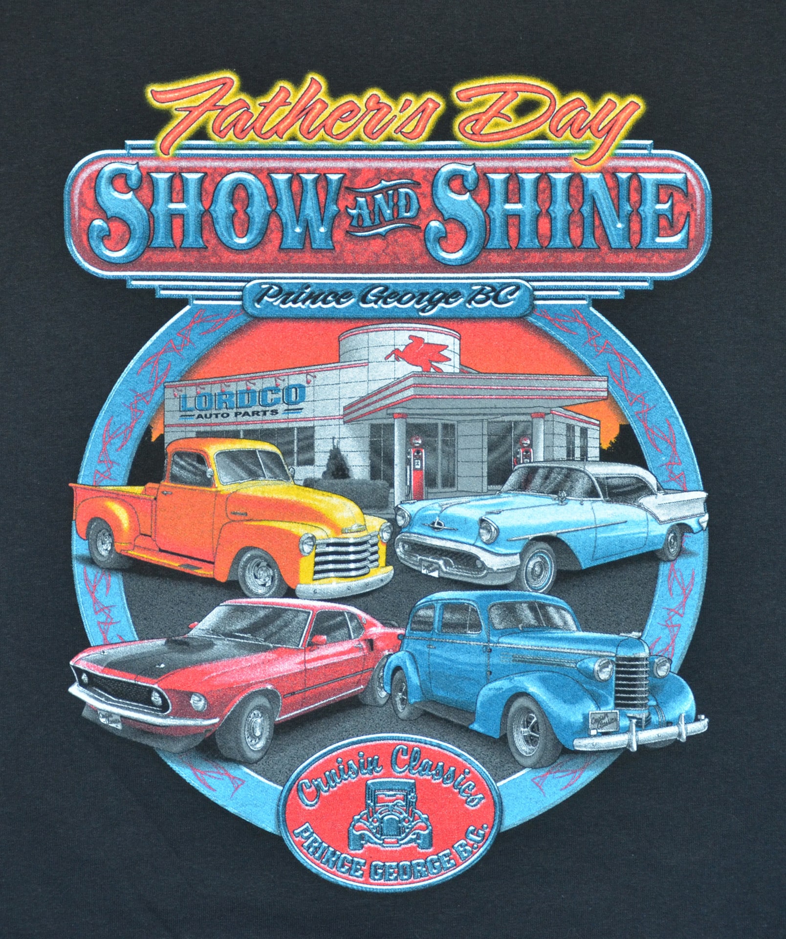 Father's Day Show and Shine t-shirt featuring a colorful graphic of classic cars and festive text celebrating fathers.