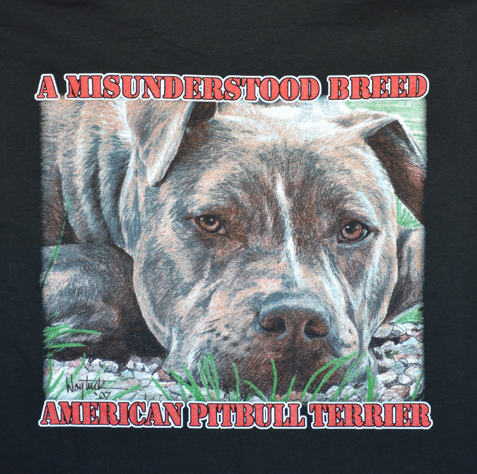 A black shirt featuring a graphic of a pitbull, showcasing the dog's strong physique and friendly expression.