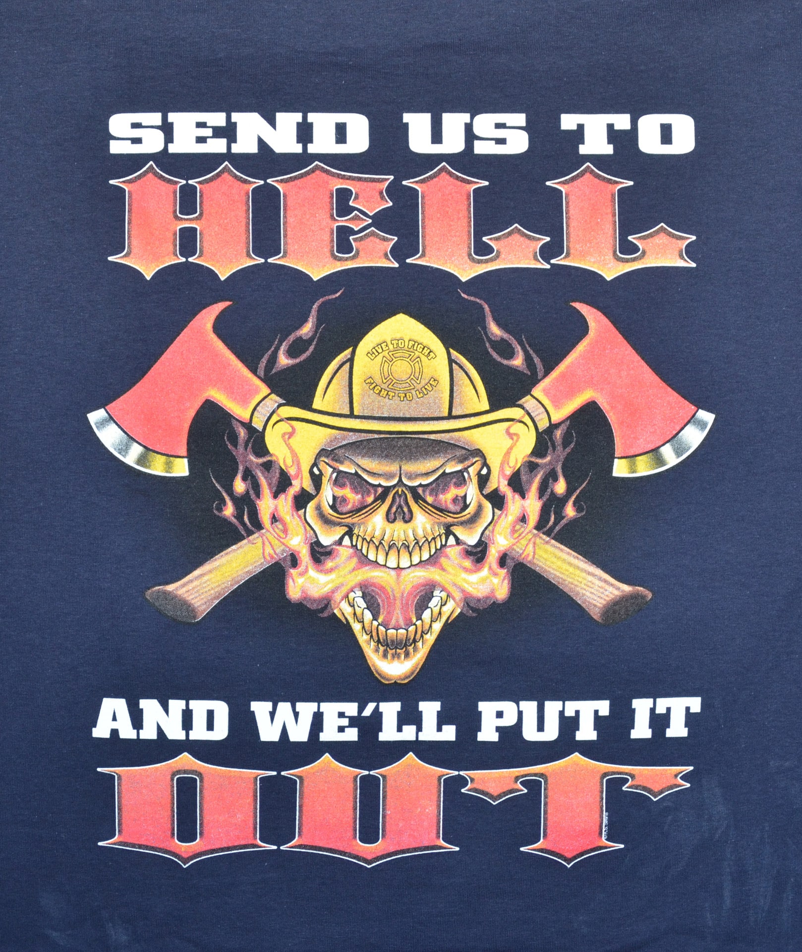 Fireman skull graphic on a shirt with the text "Send Us To Hell" displayed prominently.