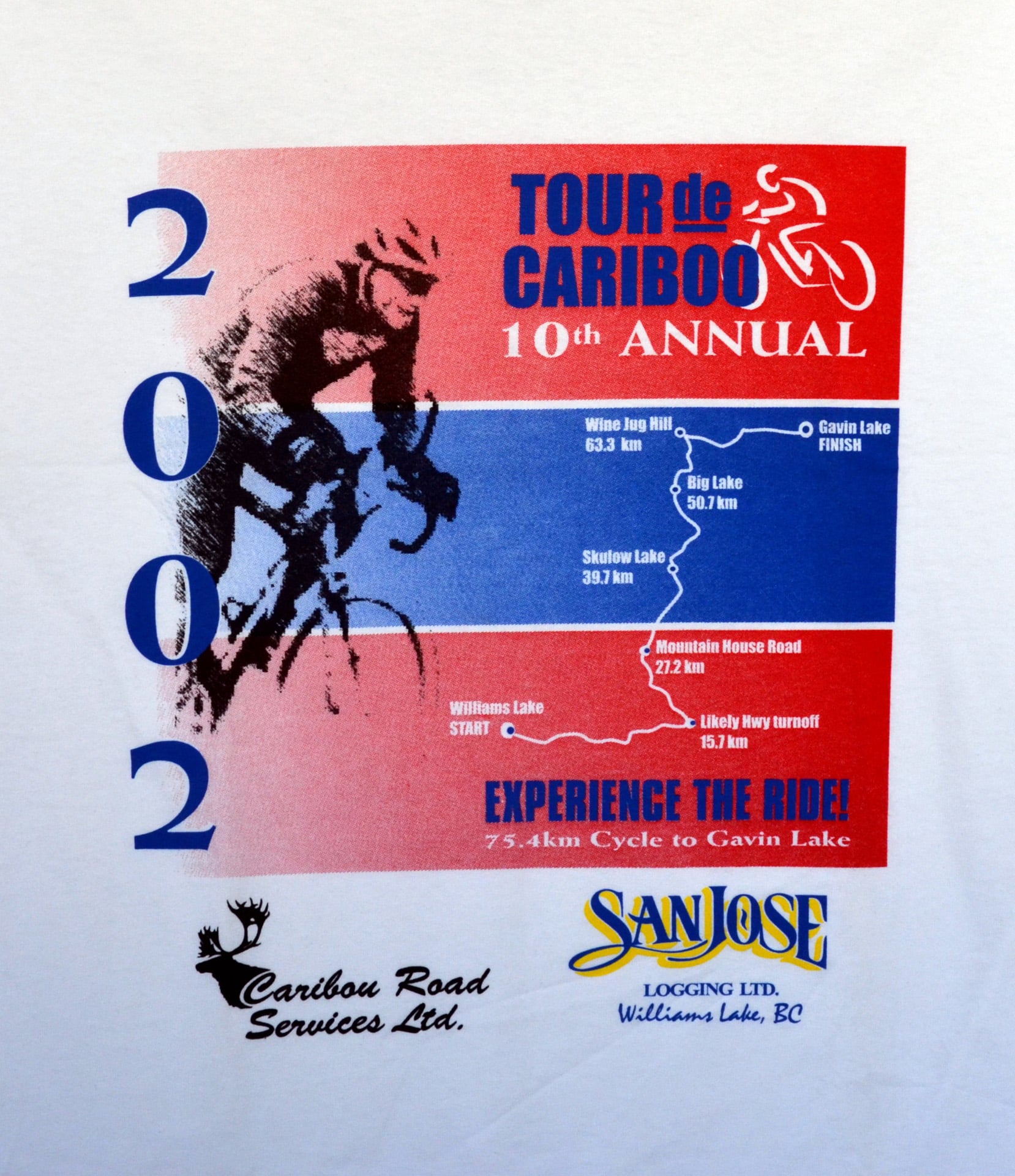 Tour De Cariboo 2002 shirt featuring a colorful design with cycling graphics and event details prominently displayed.